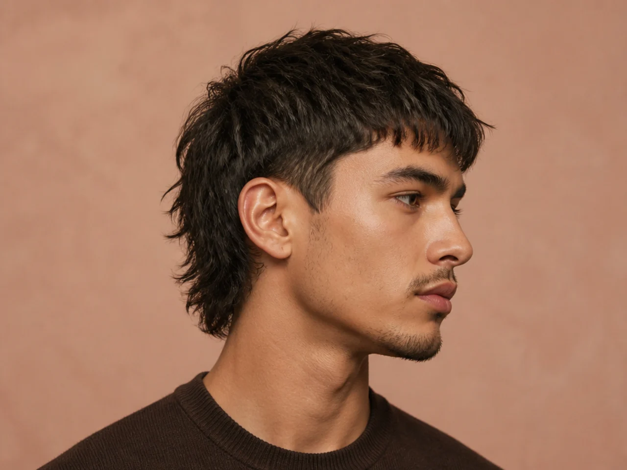 Side-profile diagram of a short-hair mullet showing sub-inch top and one-inch nape length