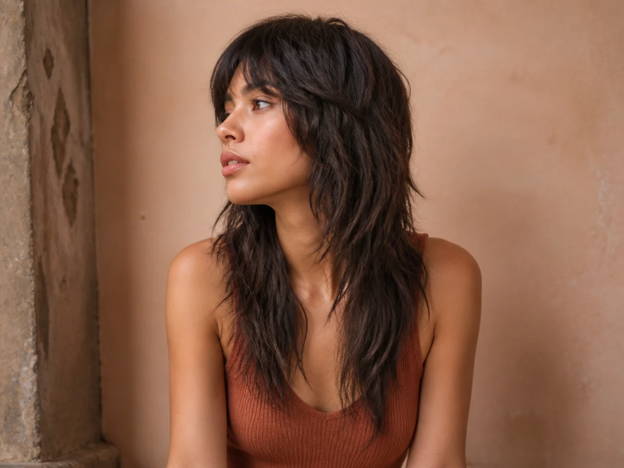 Tapered razored ends on a long wavy mullet falling into soft points
