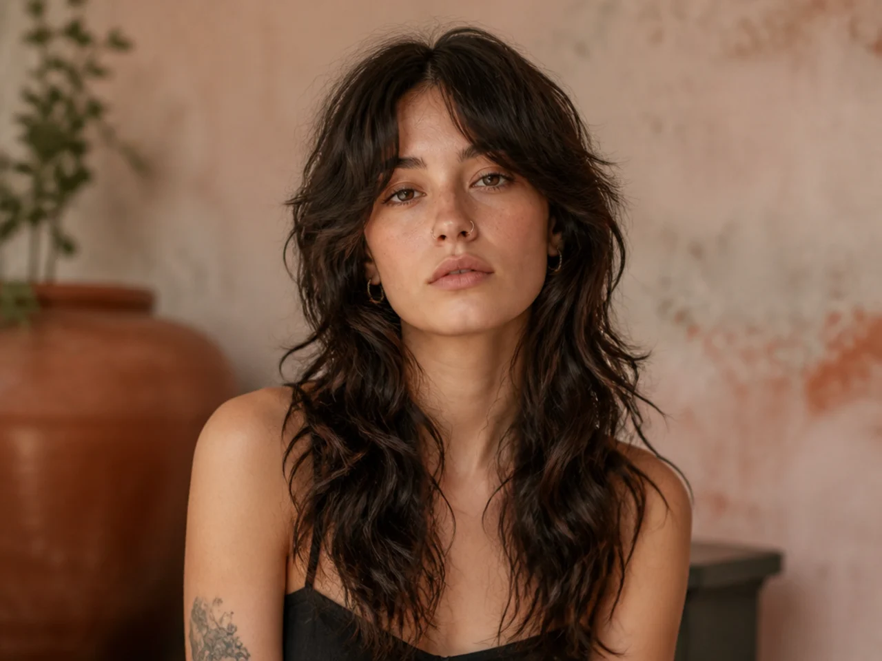 A long wavy mullet split evenly by a centre parting