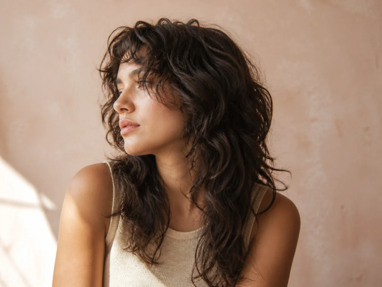 Air dried defined waves on a long mullet with a natural undone finish