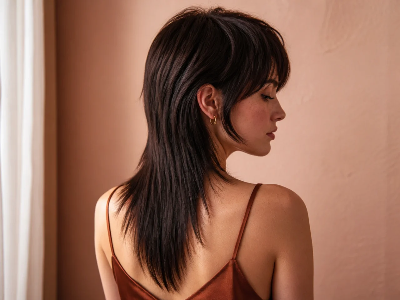 A long mullet straightened flat showing the layer steps through the crown