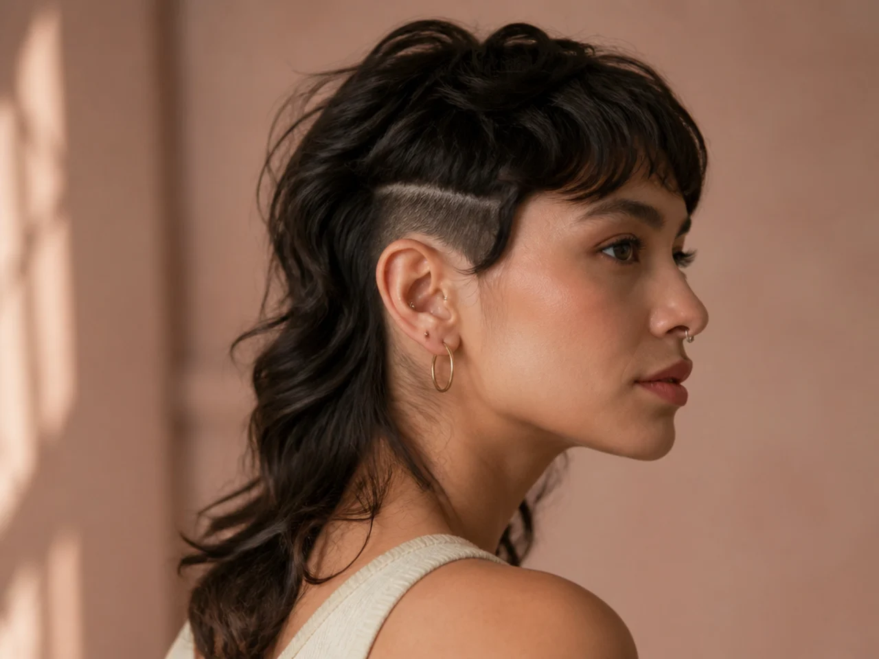 A hidden undercut panel revealed behind the ear under long wavy mullet lengths