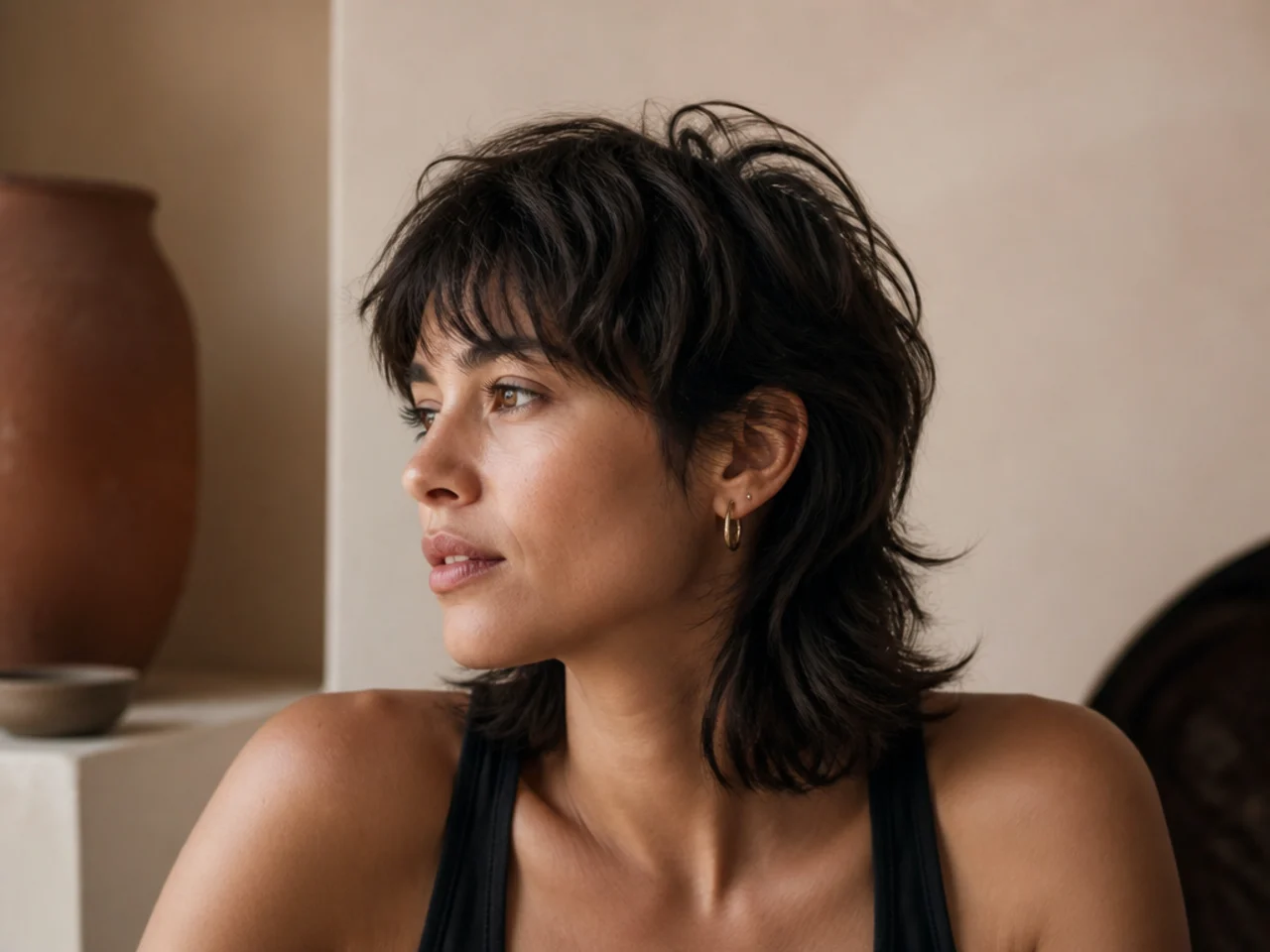 A wavy mullet ending at the collarbone with a short crown above