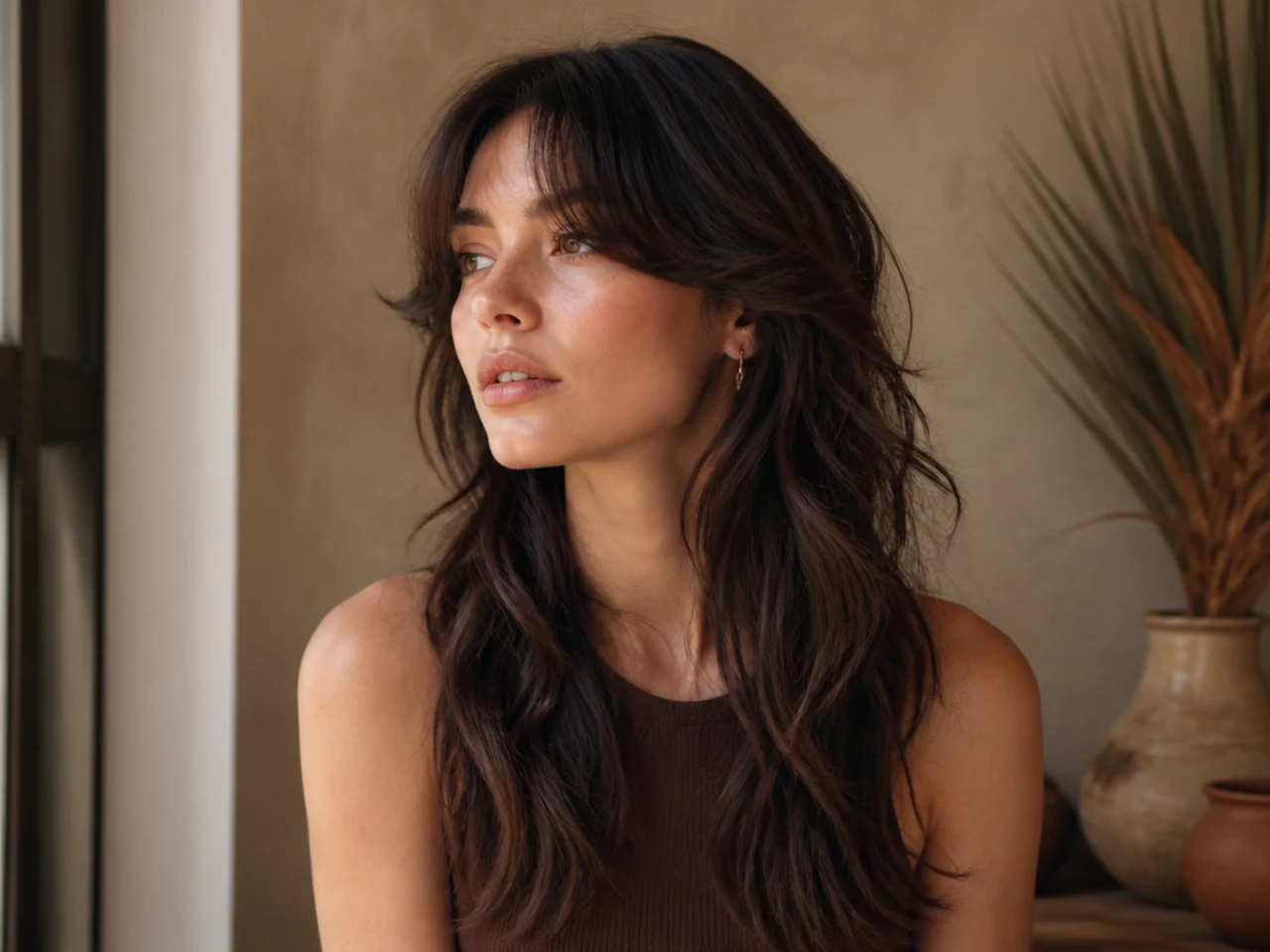 Curtain bangs falling either side of a centre part above a long wavy mullet
