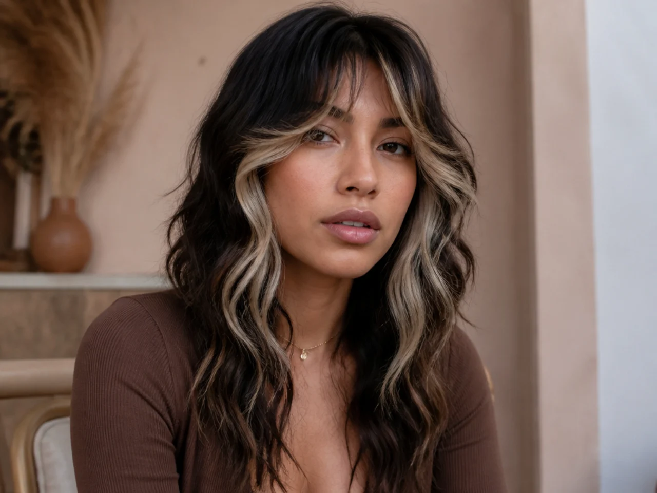 Two brightly lightened front sections framing the face on a long wavy mullet