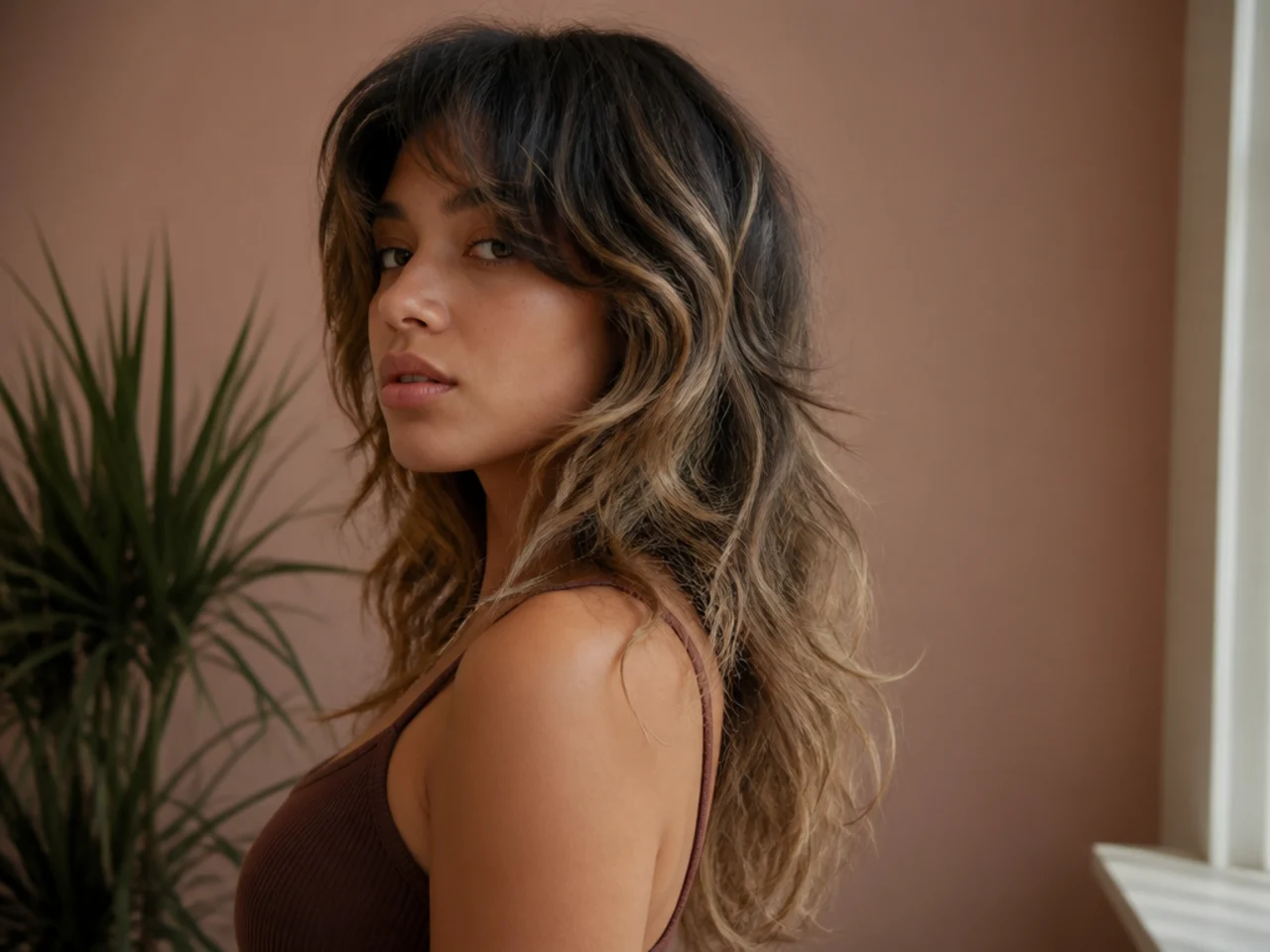 A long mullet with dark roots melting seamlessly into lighter wavy ends