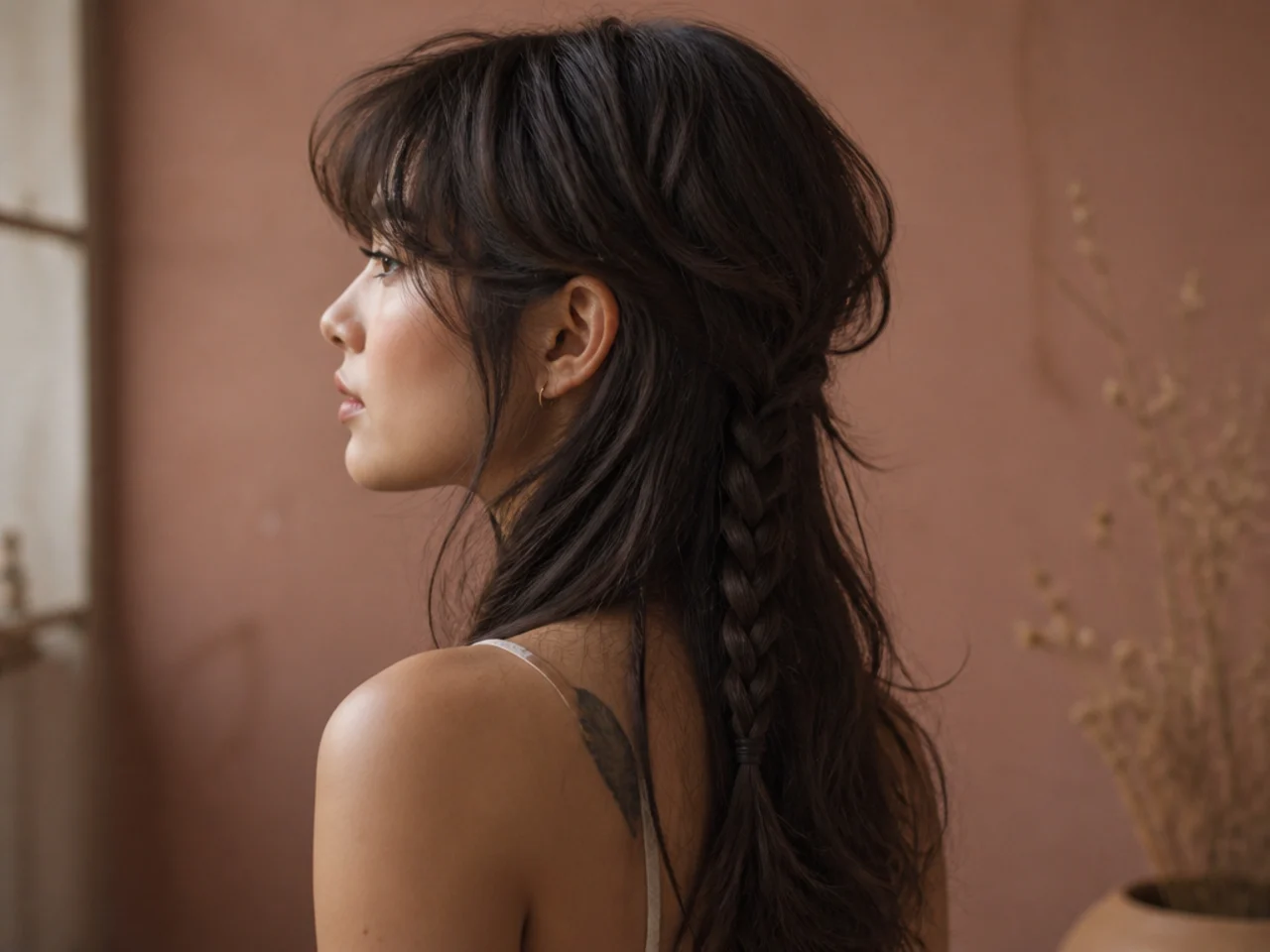 A braid beginning below the layered crown on a long wavy mullet