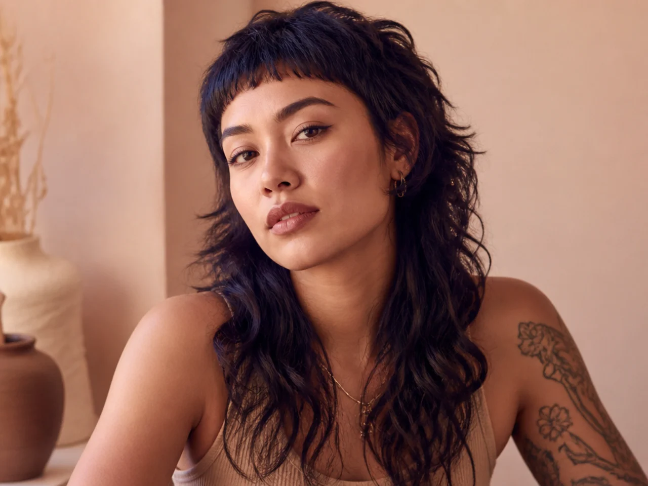 A very short fringe sitting high on the forehead above a long wavy mullet