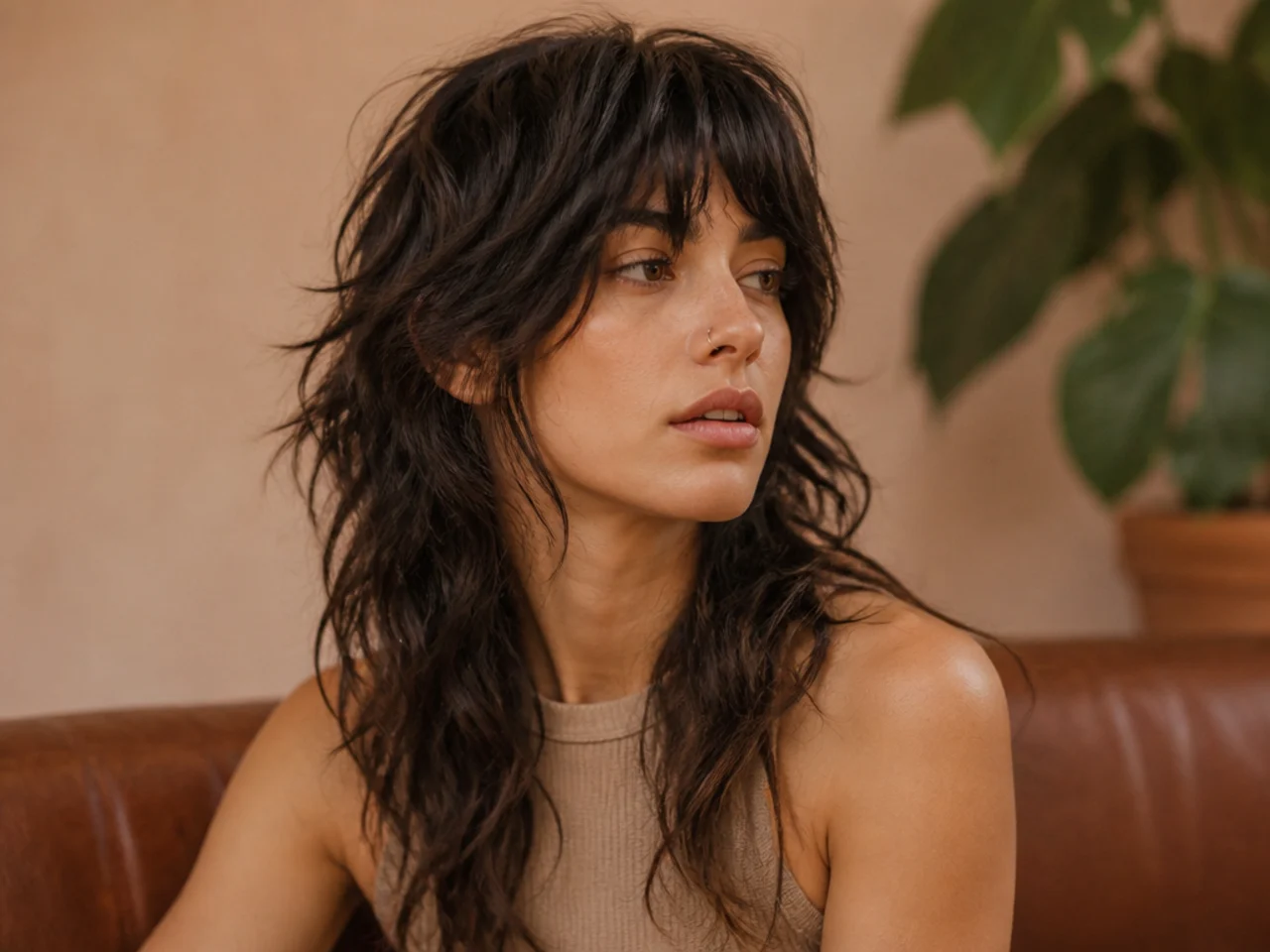 A wolf cut and mullet hybrid with heavy crown layering and long wavy ends