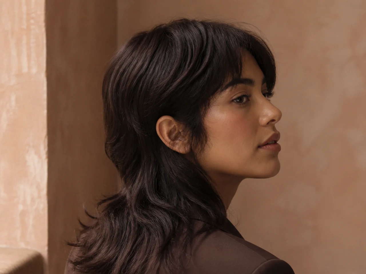 A flat lying crown on thick wavy hair with long mullet lengths falling behind
