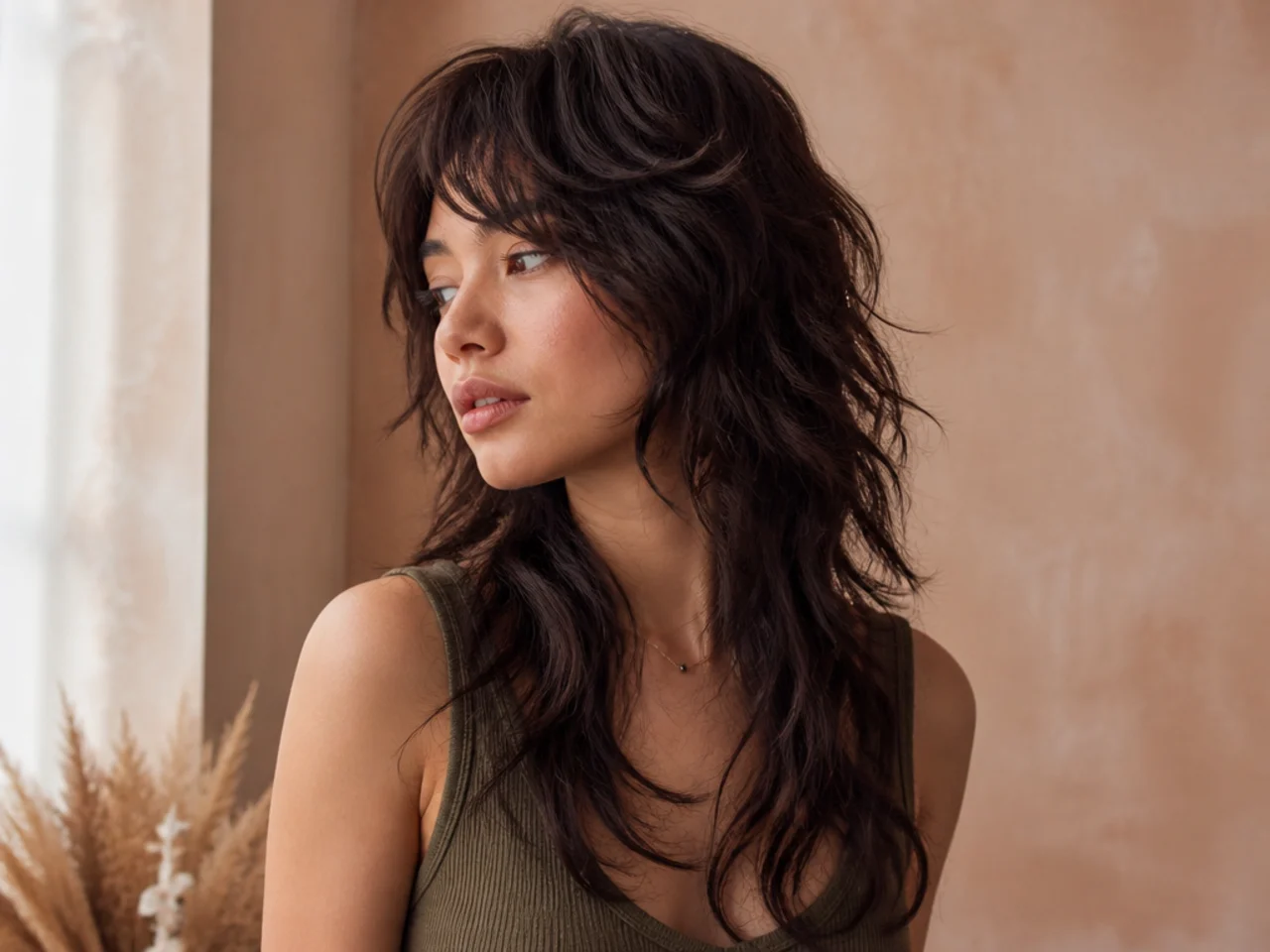 Three quarter view of a long mullet on thick wavy hair with defined layers