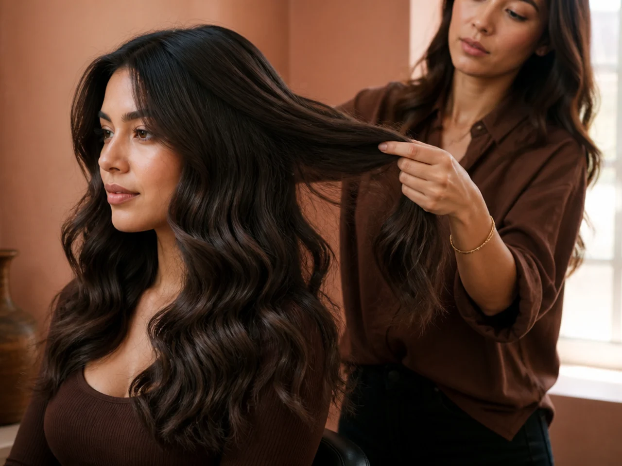 A stylist holding out a section of thick wavy hair to show where the width sits