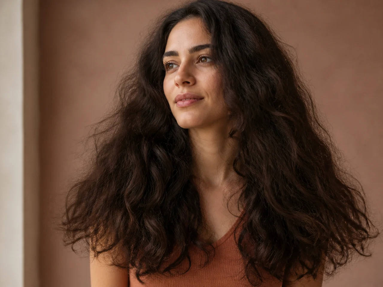 Thick wavy hair widening into a triangle shape with frizz along the top layer