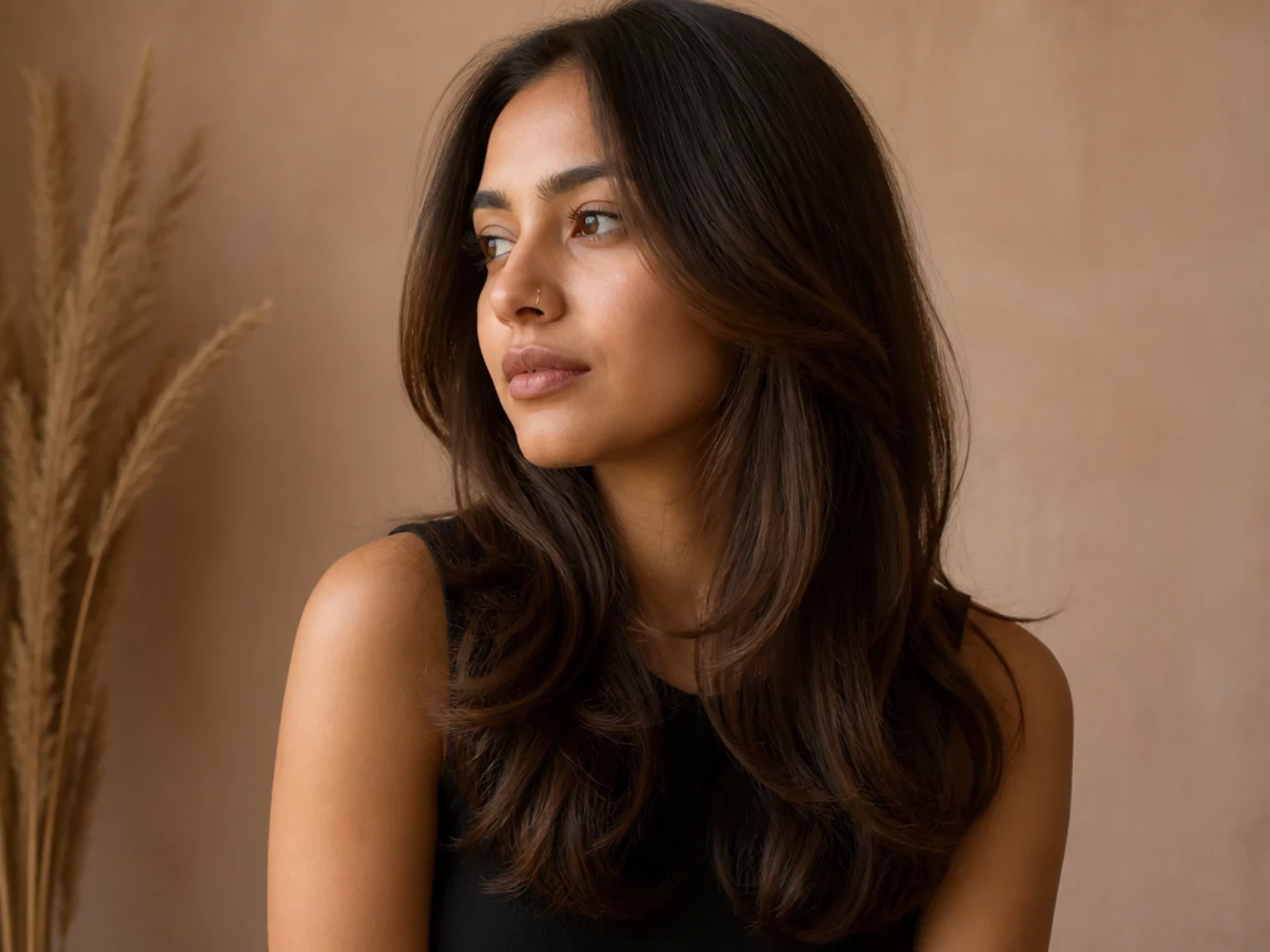 Long hair with the top layer beginning at cheekbone height