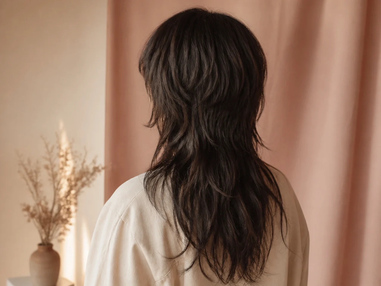 A long mullet with a rounded outline seen from behind