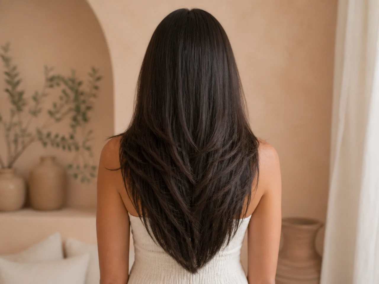 A pointed vee shaped hem at the centre back of long layered hair