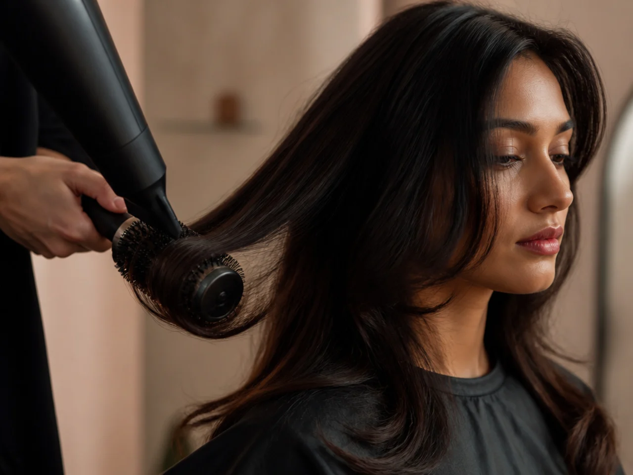 A round brush drying a section of long hair into a bend at the ends