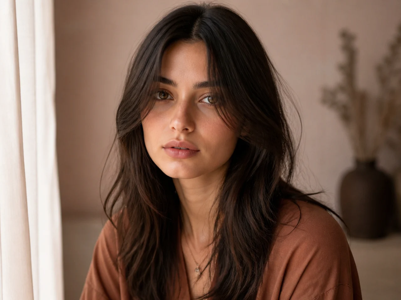 A fringe split down the middle falling away on both sides of the face