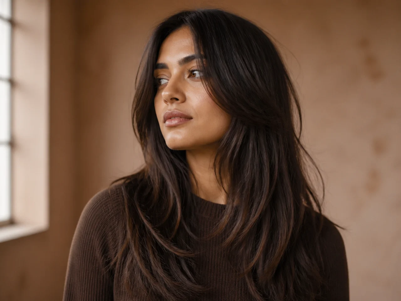 A softened weight line on long hair with broken edges rather than a solid shelf