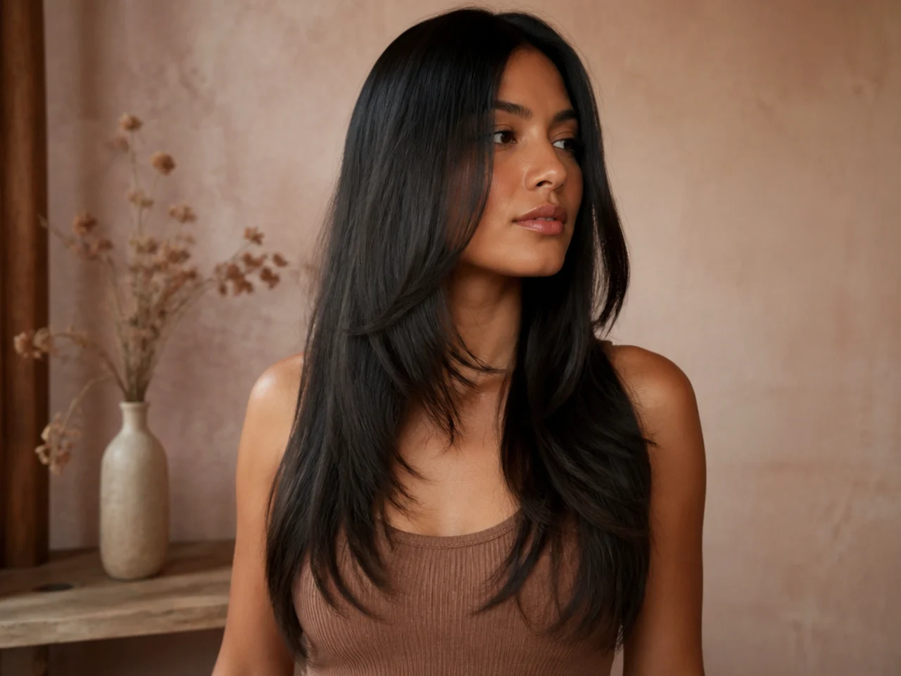 Long hair cut on a forward diagonal with the shortest pieces framing the face