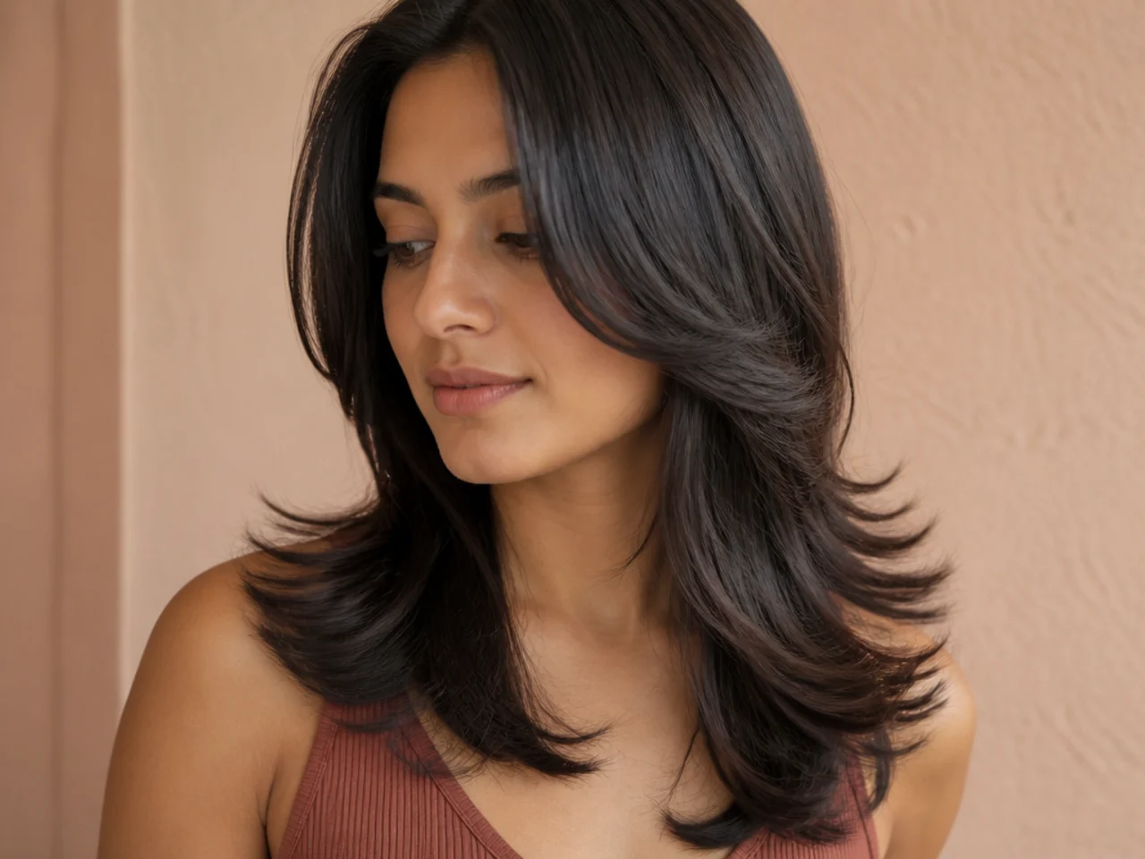 Slide cut tapered ends flicking outward on long layered hair
