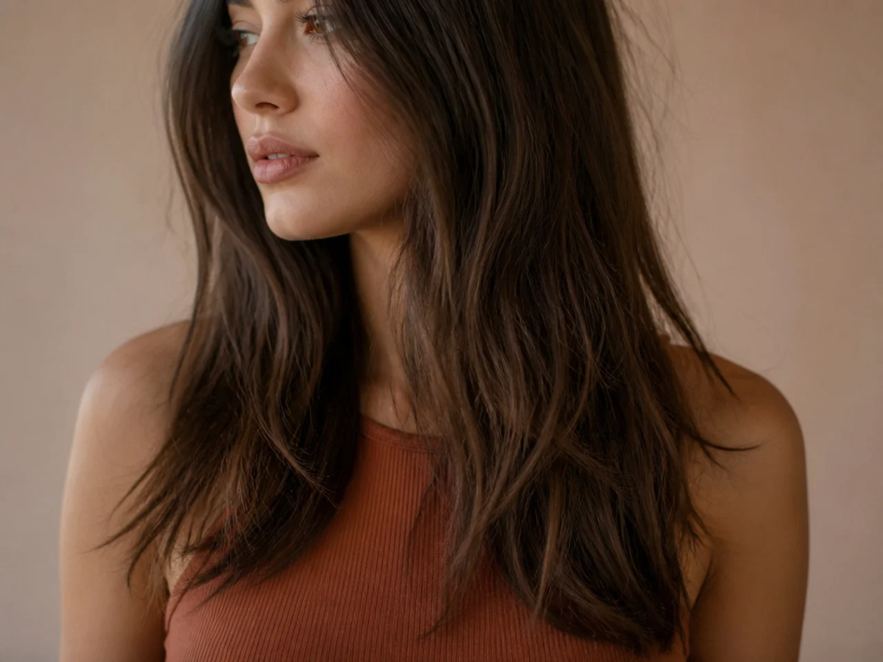 Notched point cut ends creating a broken soft edge on long hair