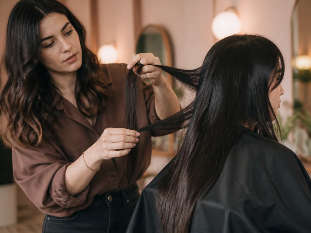 A stylist comparing two sections of long hair for layer spacing