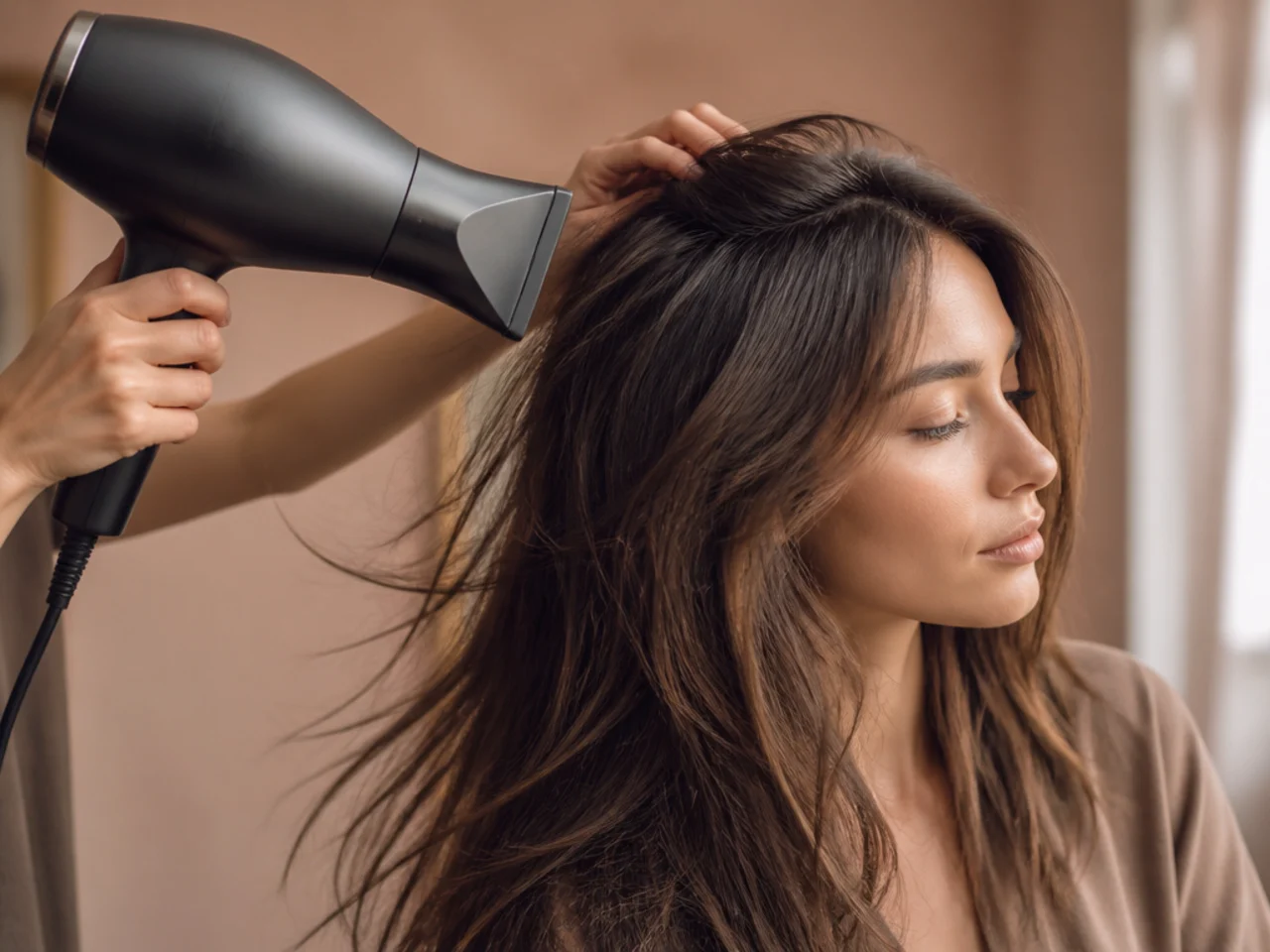 A hairdryer directing air at the roots of long layered hair