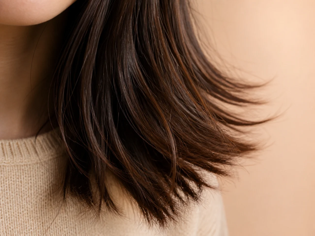 Close up of tapered hair ends fanning apart against a plain background
