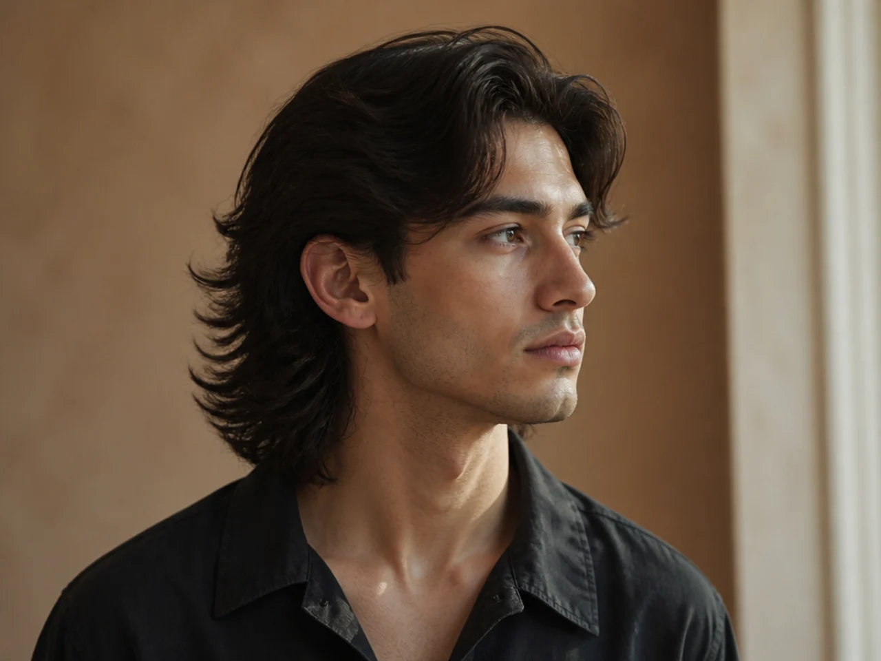 A mullet with a curtain fringe swept to the sides