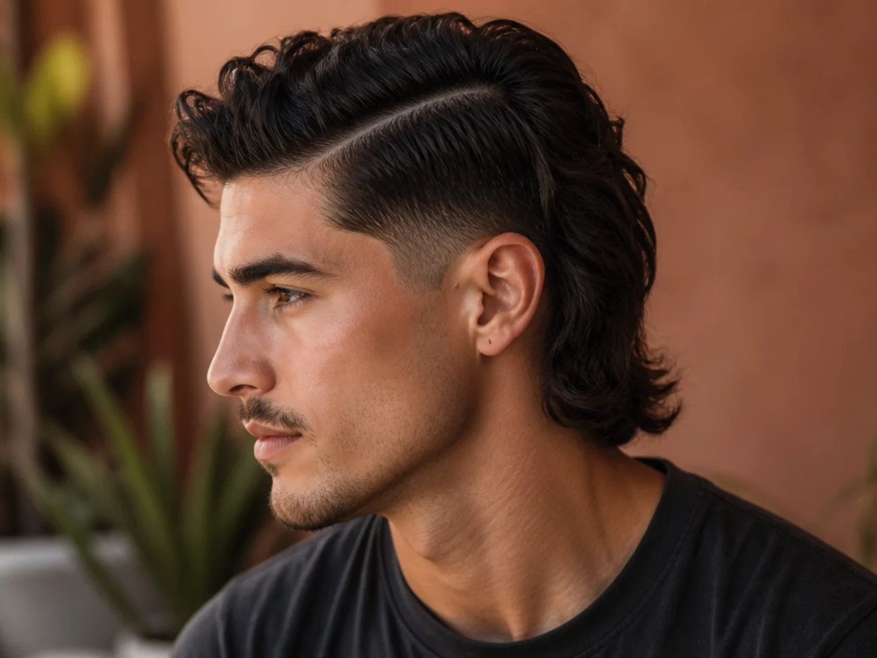 A mullet with a hard part cut into the side