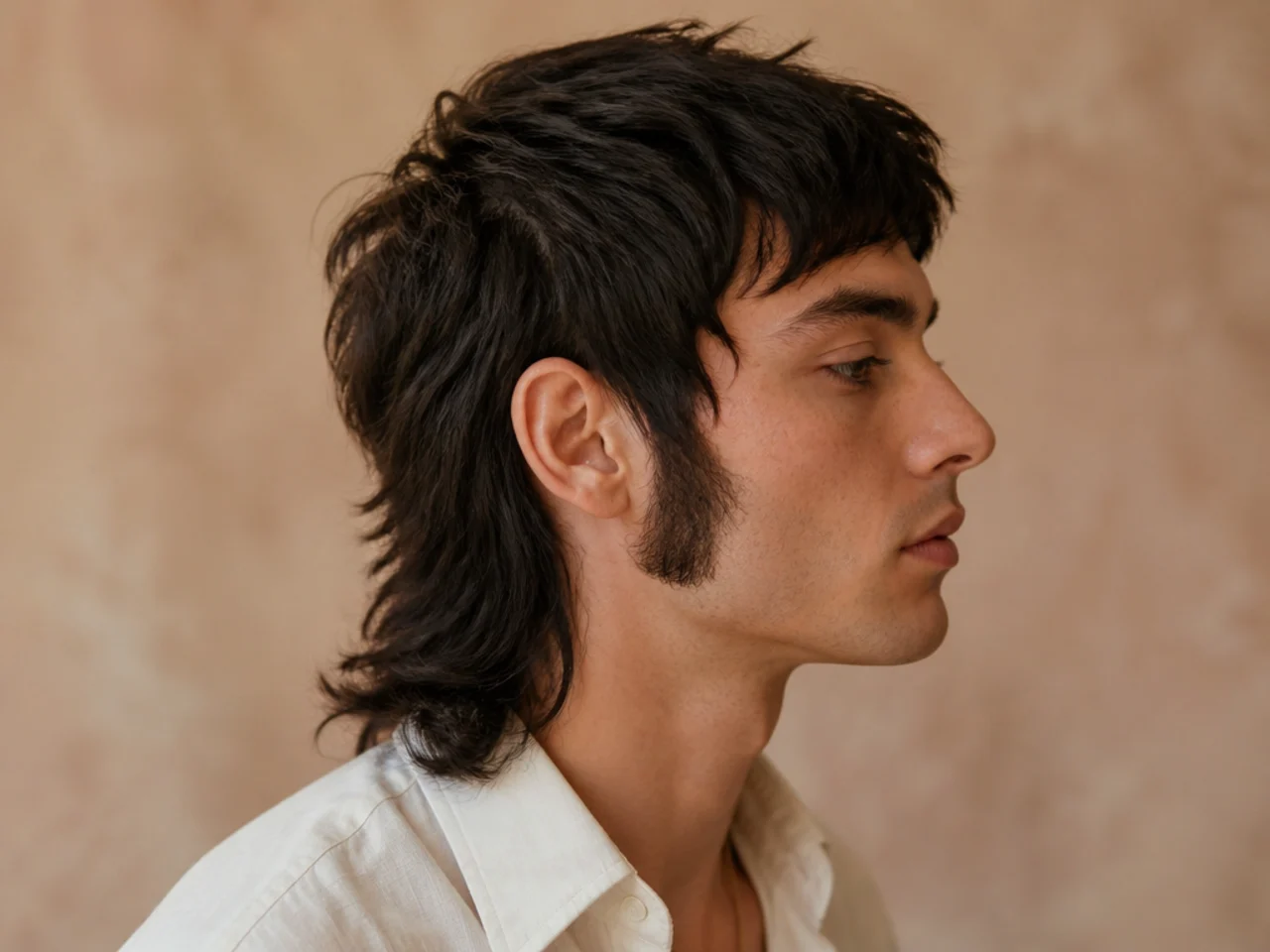 A mullet with long sideburns running past the ear