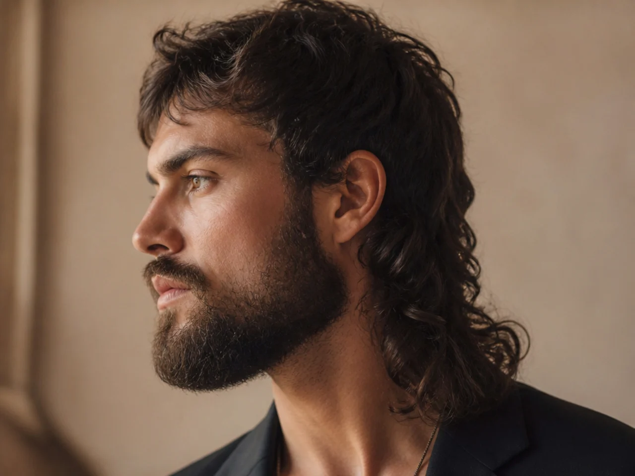 A mens mullet connected into a beard