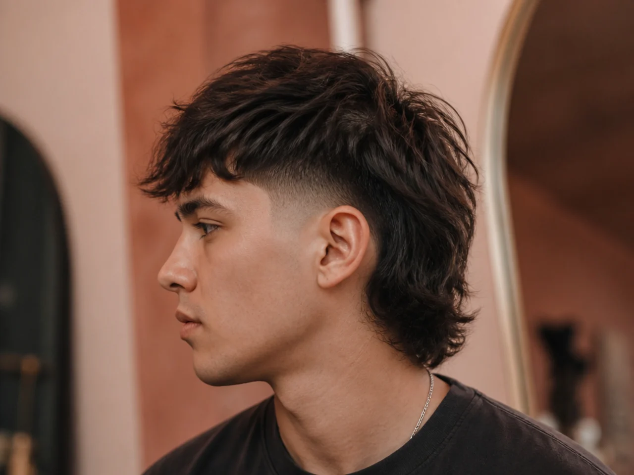 A mens mullet with a mid fade