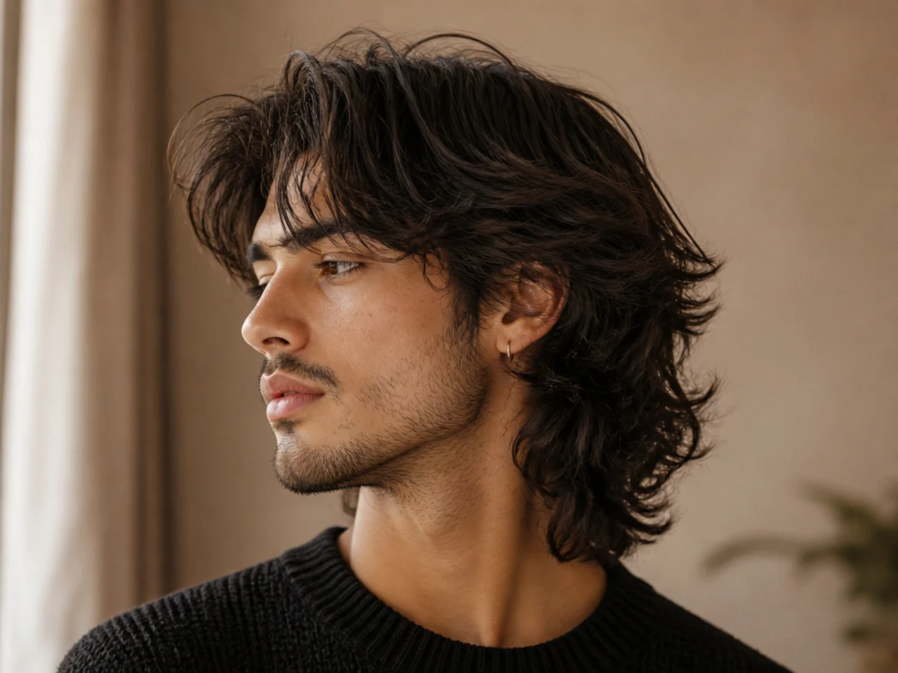 A wolf cut mullet with layered crown volume