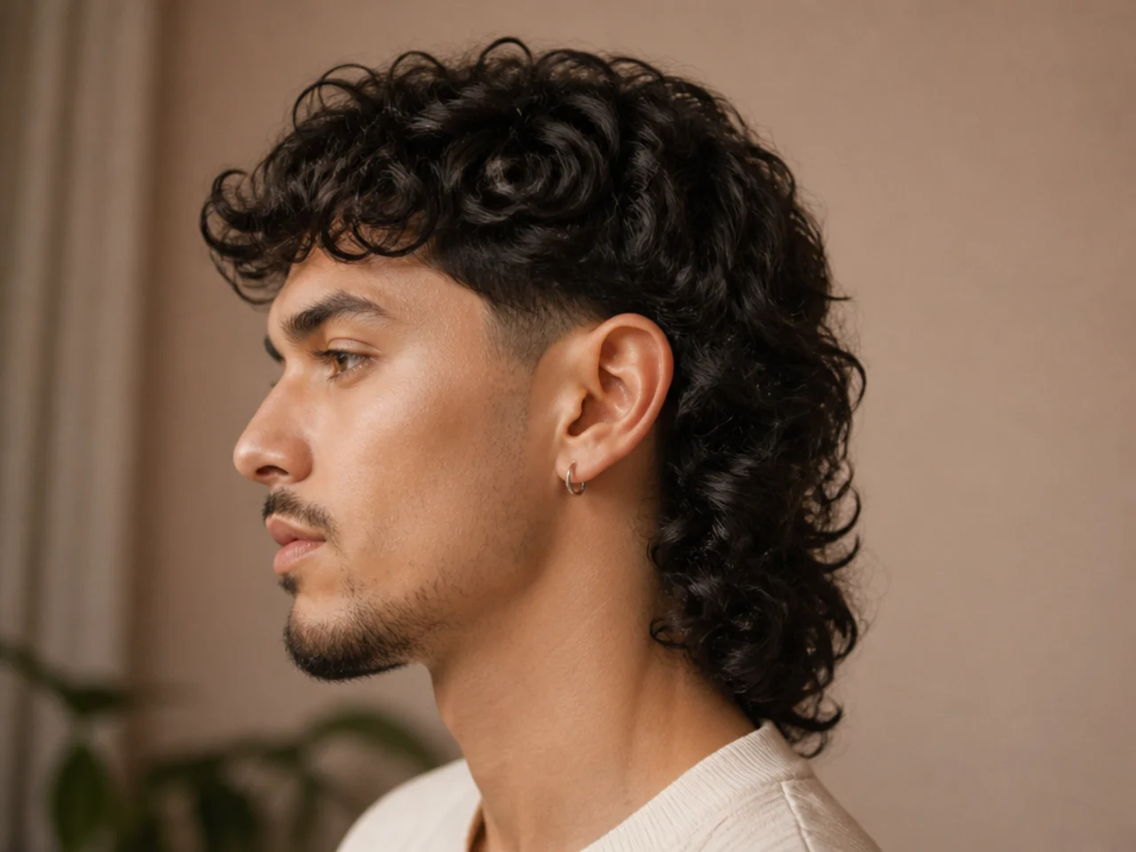 A curly mens mullet with a defined tail
