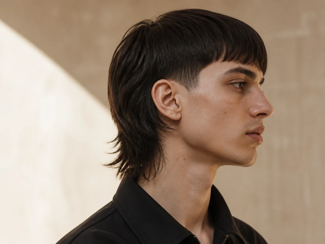 A straight haired mullet with a sharp line