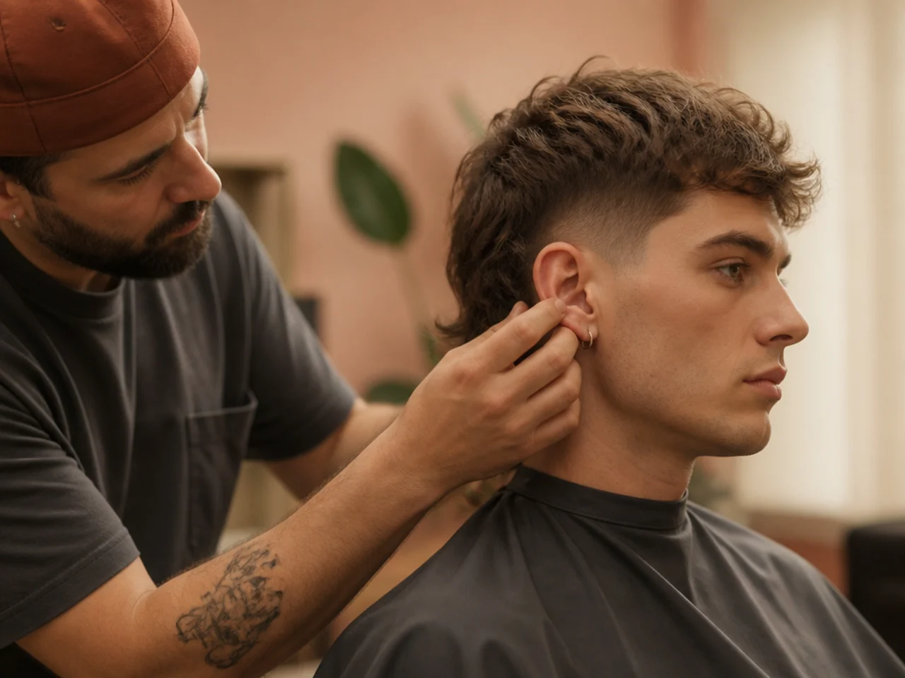 A barber checking mullet side length against the ear
