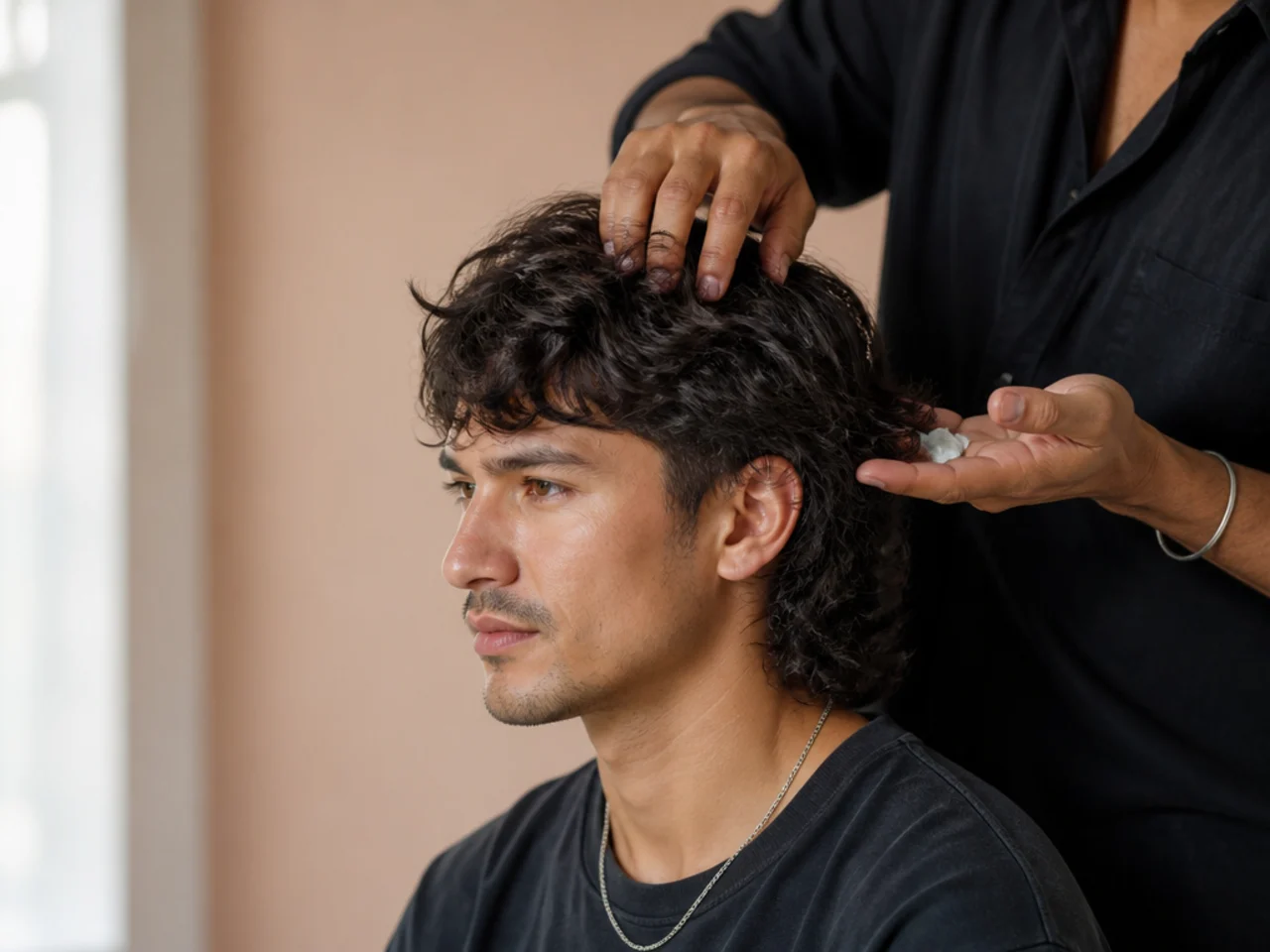 A mens mullet being finished with matte paste