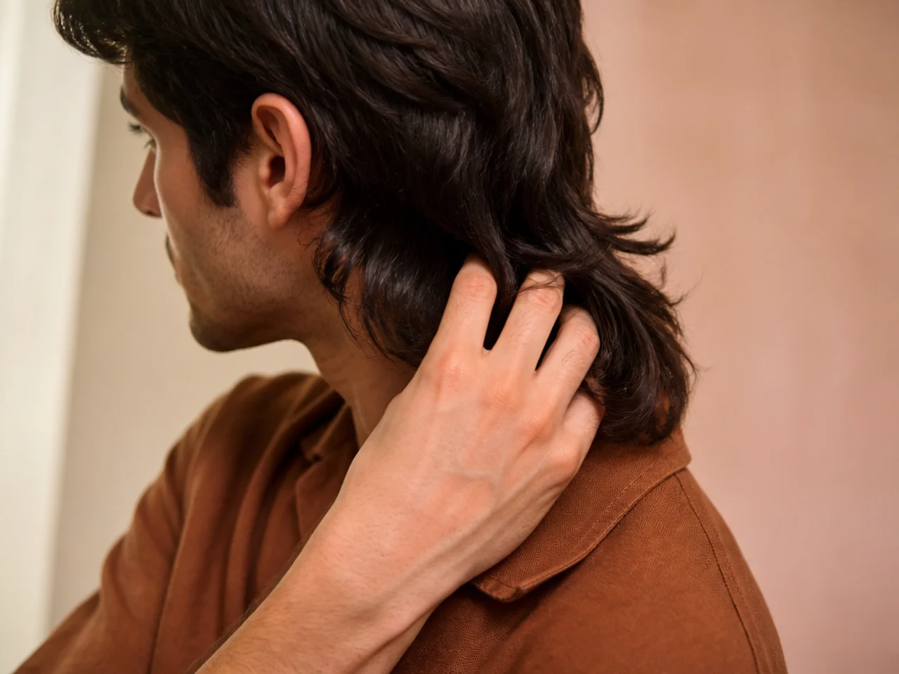 Spread fingers raking through the length of a mullet tail at the nape