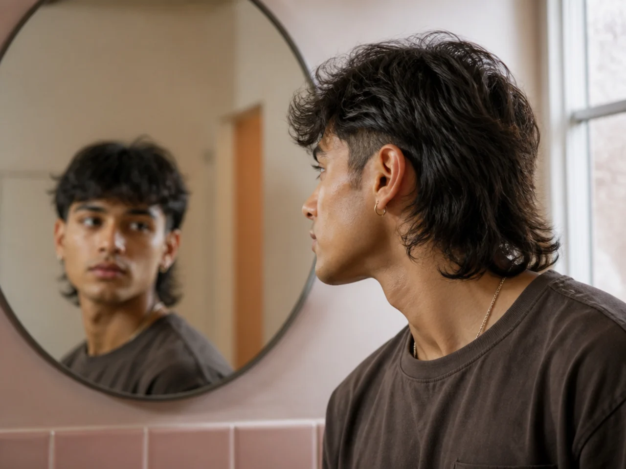 A man checking the side profile of his mullet in a bathroom mirror