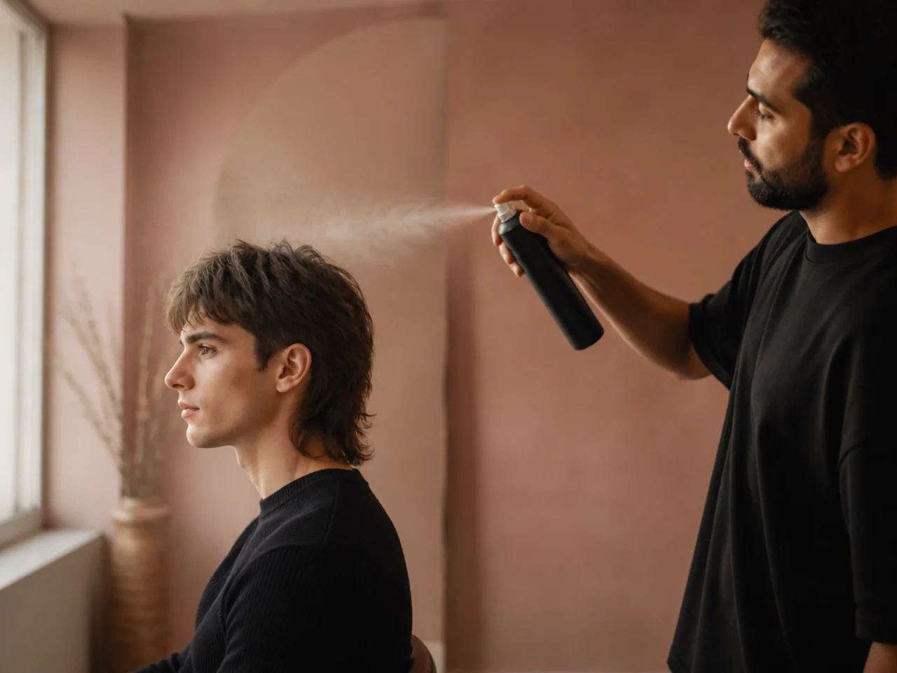 A light mist of hairspray being applied to a styled mullet from a distance