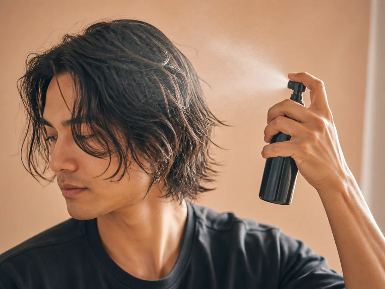 Salt spray being misted into the mid lengths of damp hair