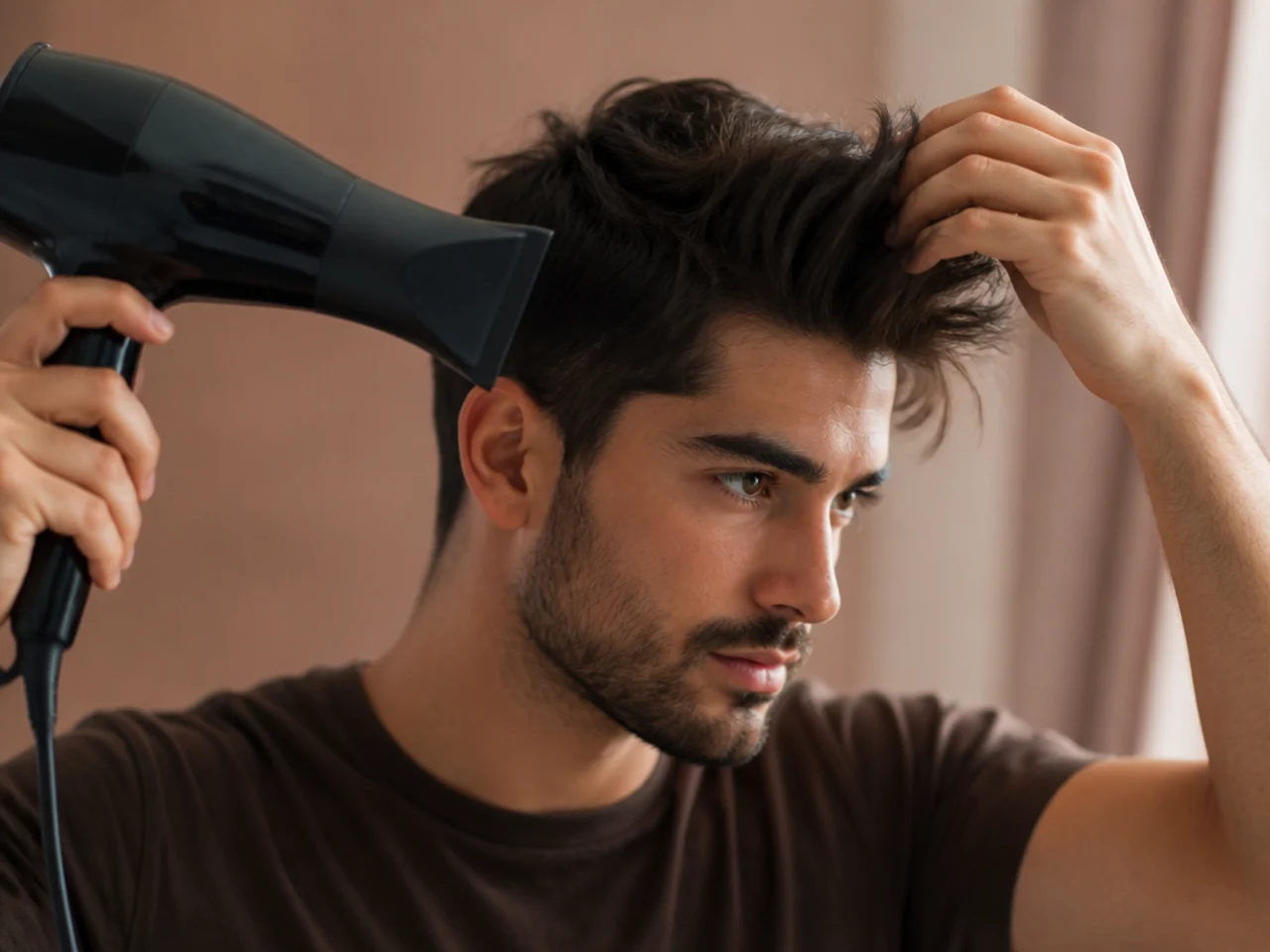 The top section being blown forward toward the forehead with a dryer