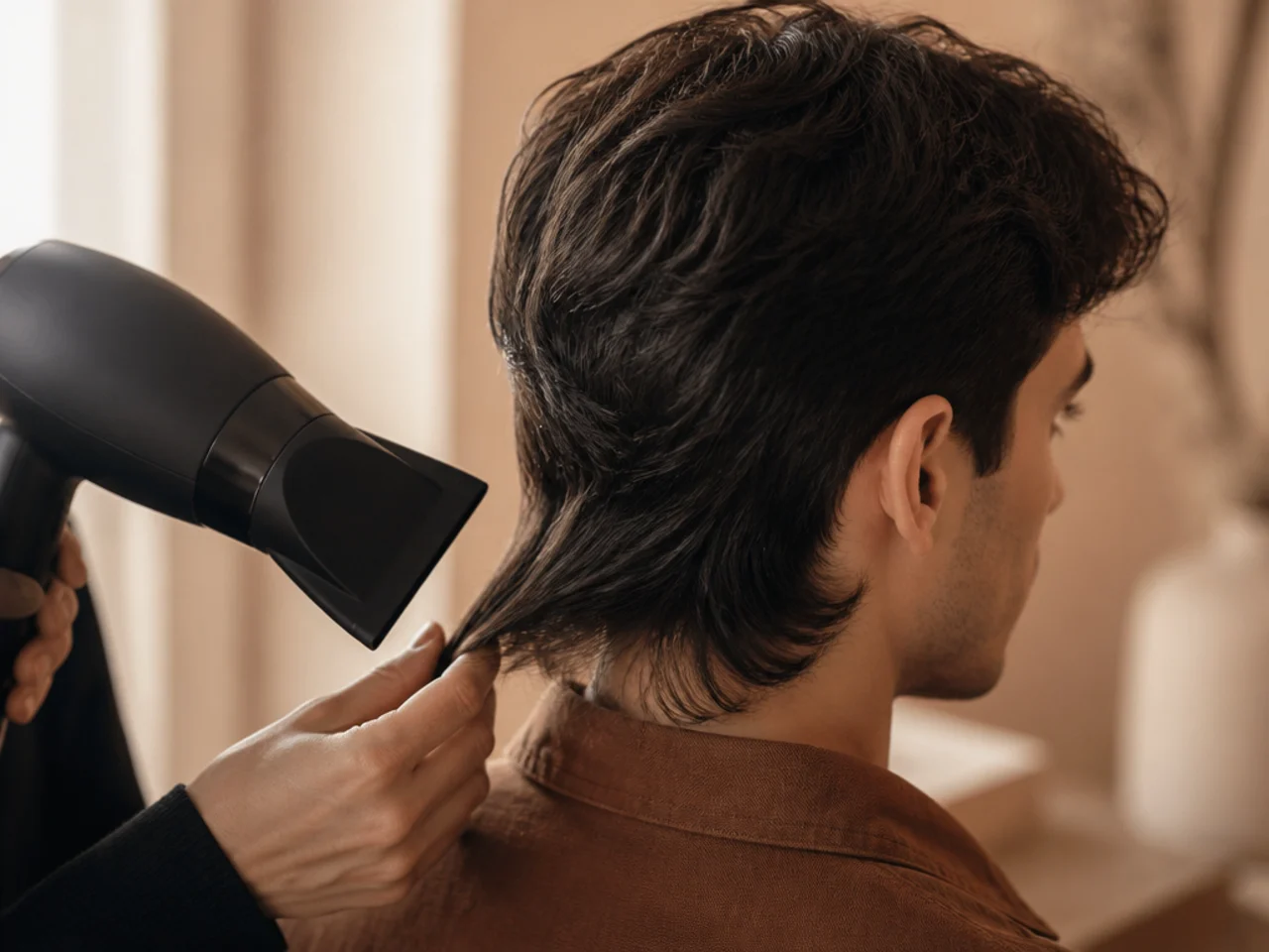 The nape section of a mullet being dried downward and away from the collar
