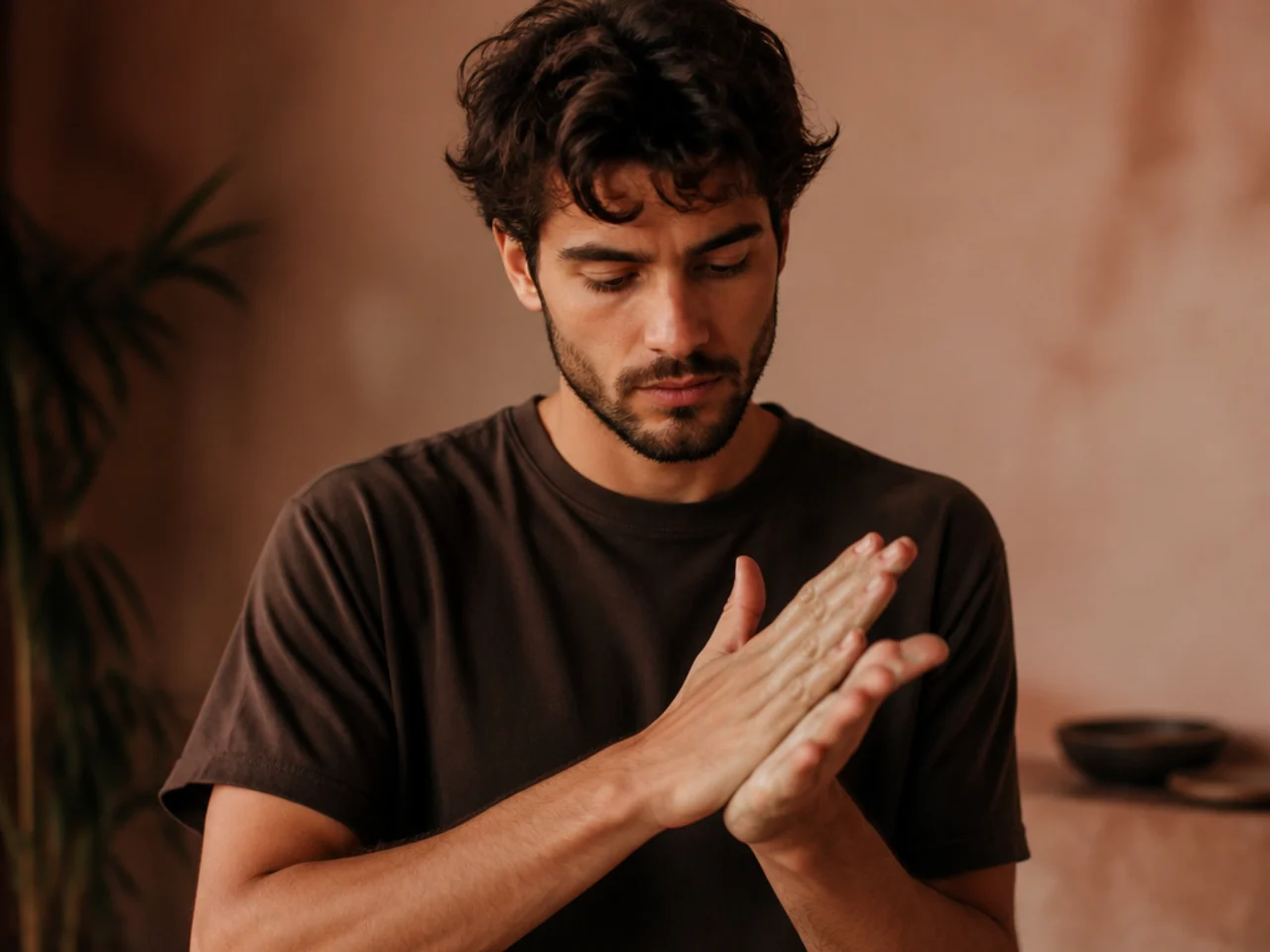 A small amount of matte clay being rubbed between two palms until thin
