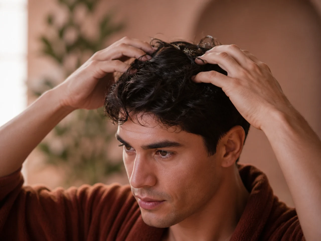 Hands working product through the crown before reaching the front of the hair