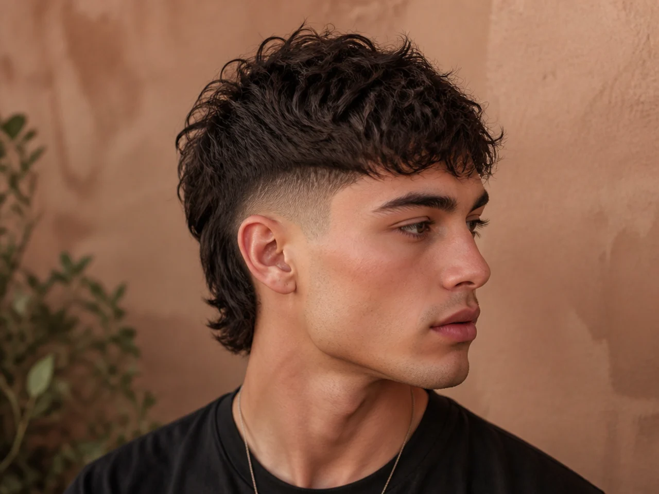 Three quarter view of a finished modern short fade mullet with visible texture on top