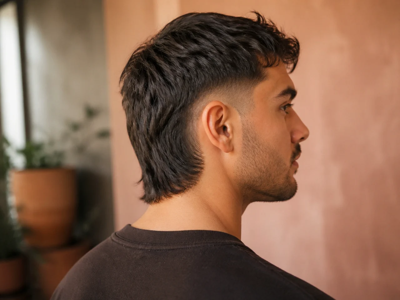 A grown out fade mullet with a closed gradient and flat tail against the collar