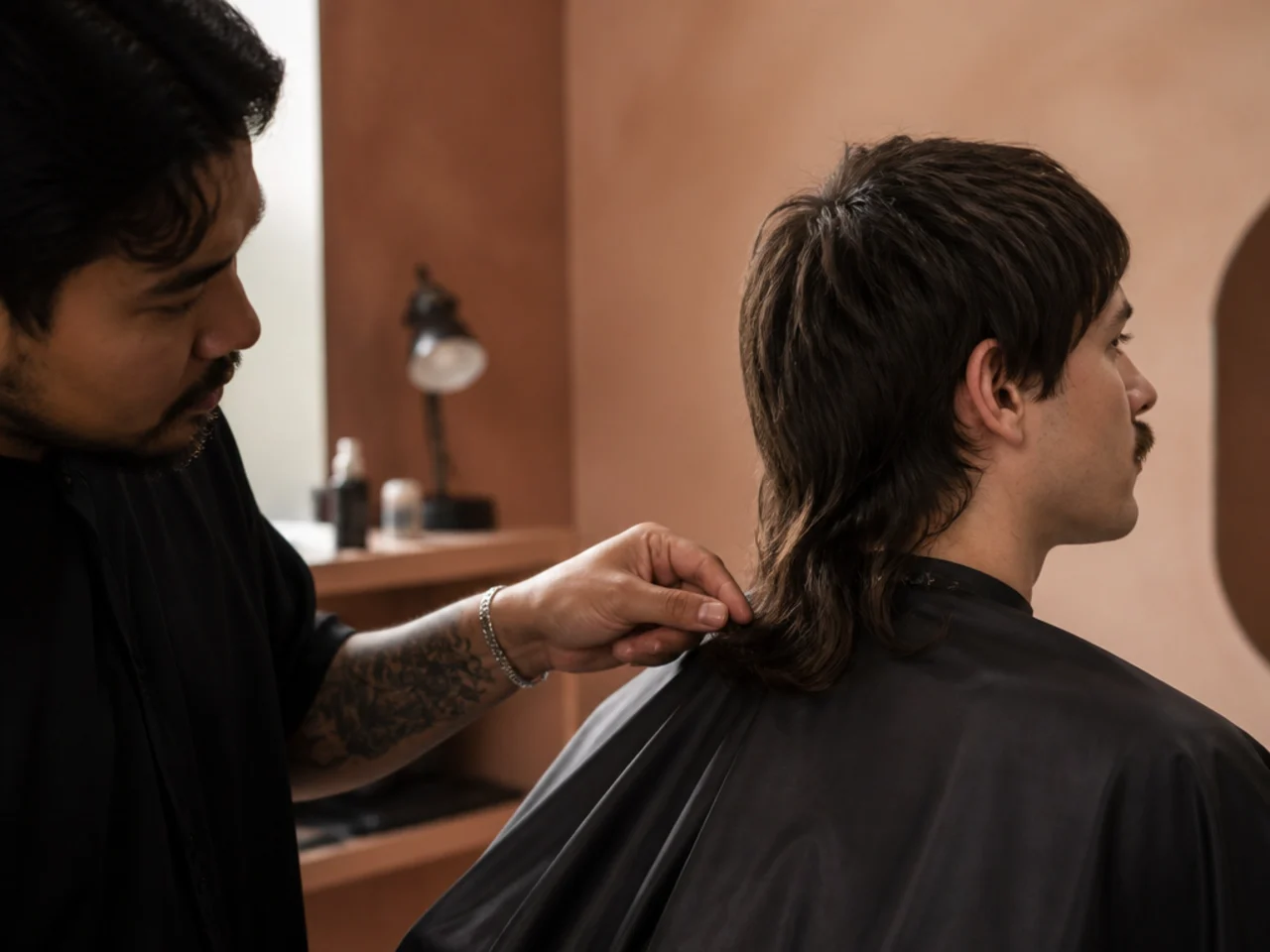 A barber checking the length of a mullet tail against the shoulders